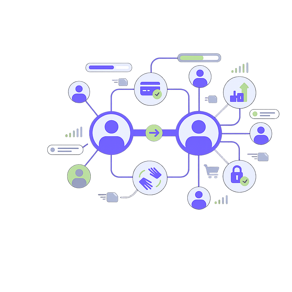 Peer-to-peer network illustration with connected user nodes
